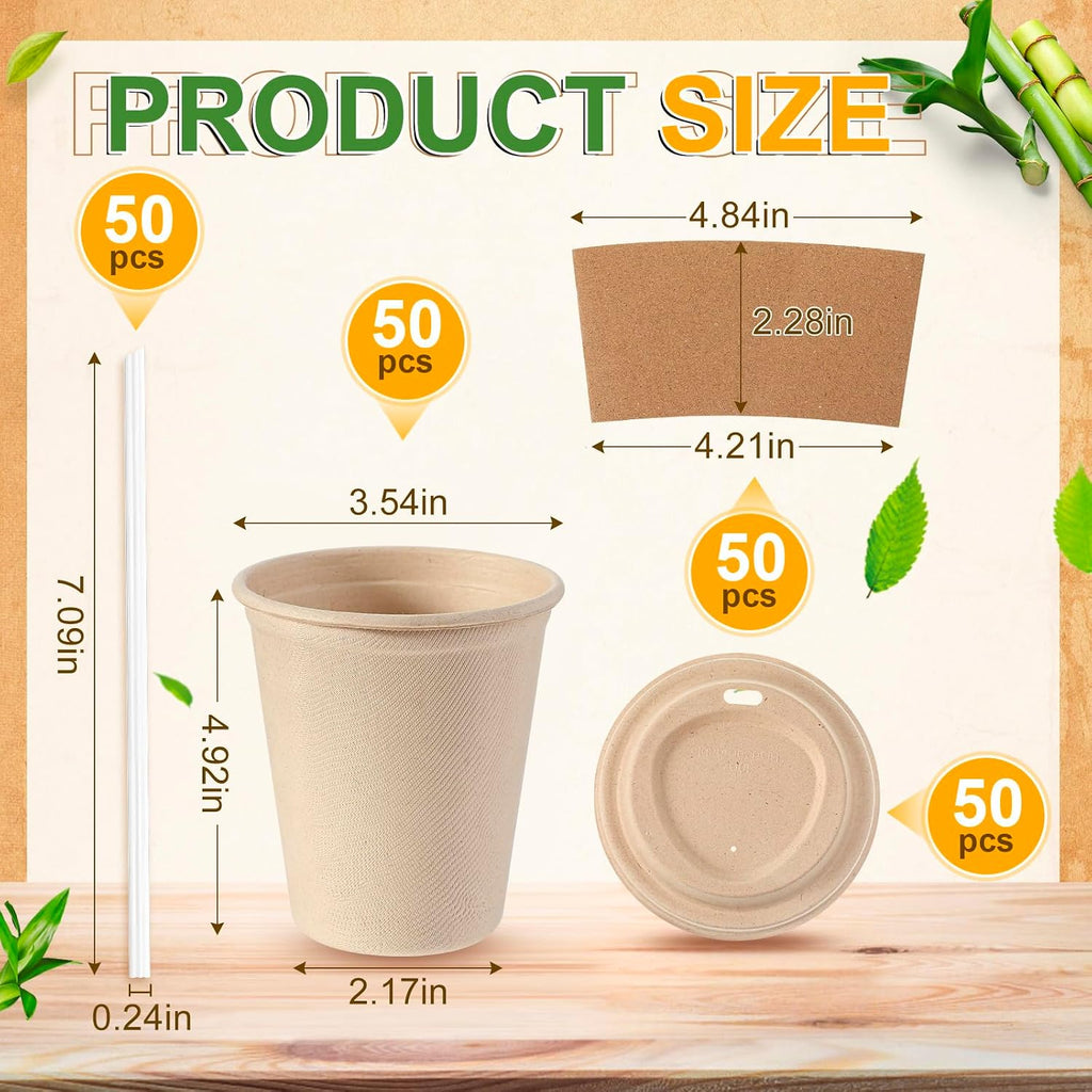 50 Sets Compostable Coffee Cups, Lids Sleeves Straws,12oz,Natural