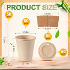 50 Sets Compostable Coffee Cups, Lids Sleeves Straws,12oz,Natural