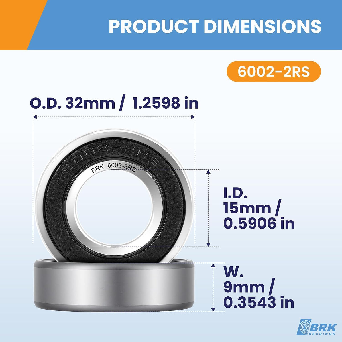 BRK (1 Pack) 6002-2RS Deep Groove Ball Bearing 15×32×9mm, Chrome Steel