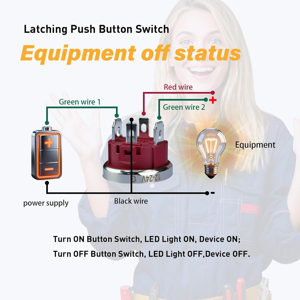 15Amp Push Button Switch，22mm(0.866") 12V-24V Latching Push Button Switch AC/DC IP67 Waterproof LED Angel Eye Light On and Off with Wire Socket