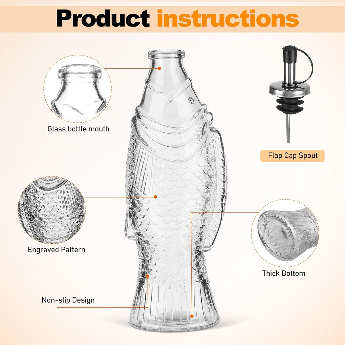 Oil Pitcher for Kitchen Glass Oil Dispenser Bottle Fish Shape Decorative Sauce Container Large Capacity Sauce Bottle