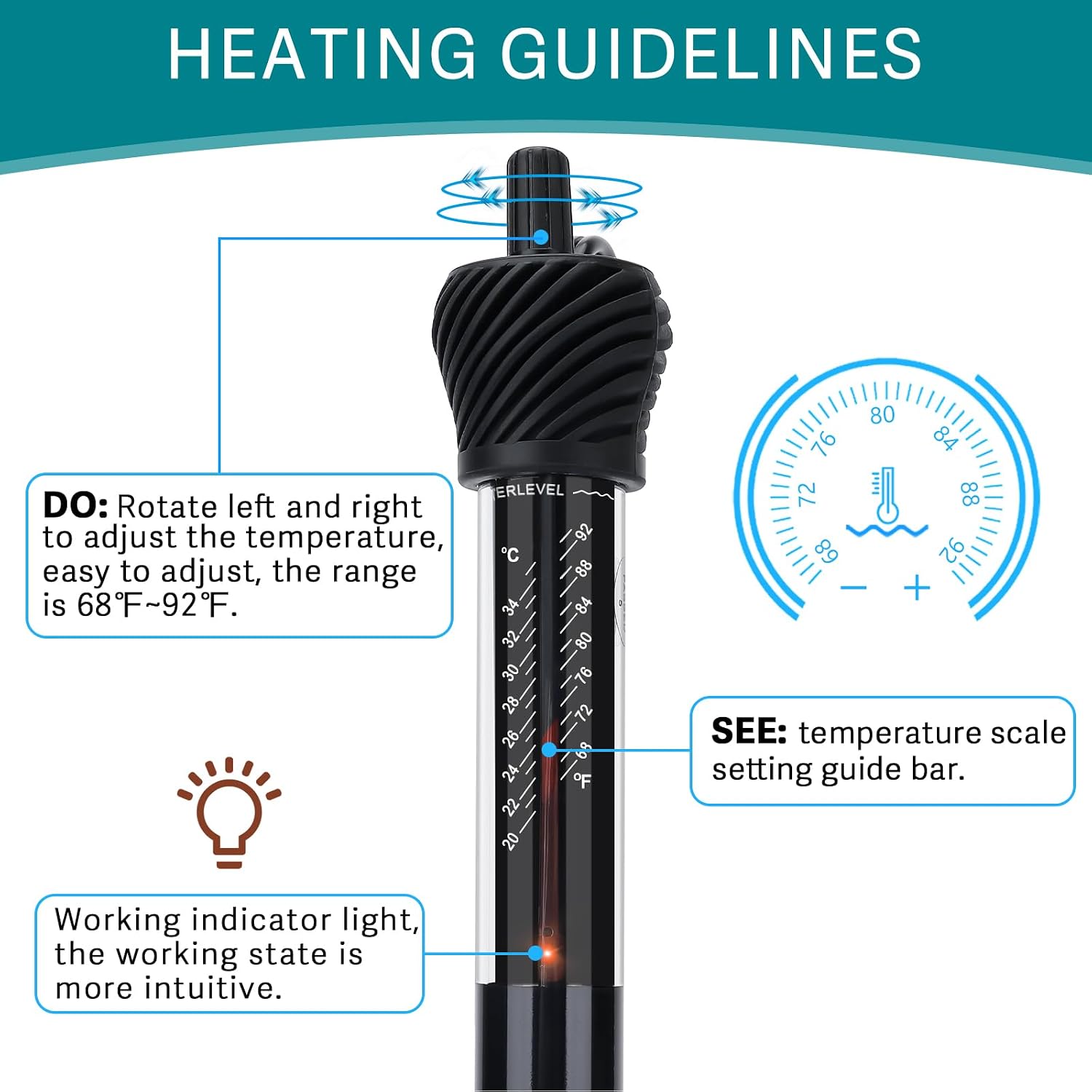 ETL Certification Aquarium Heater, 50W/100W/200W/300W Submersible Fish Tank Thermostat Heater with Firm Double Pair
