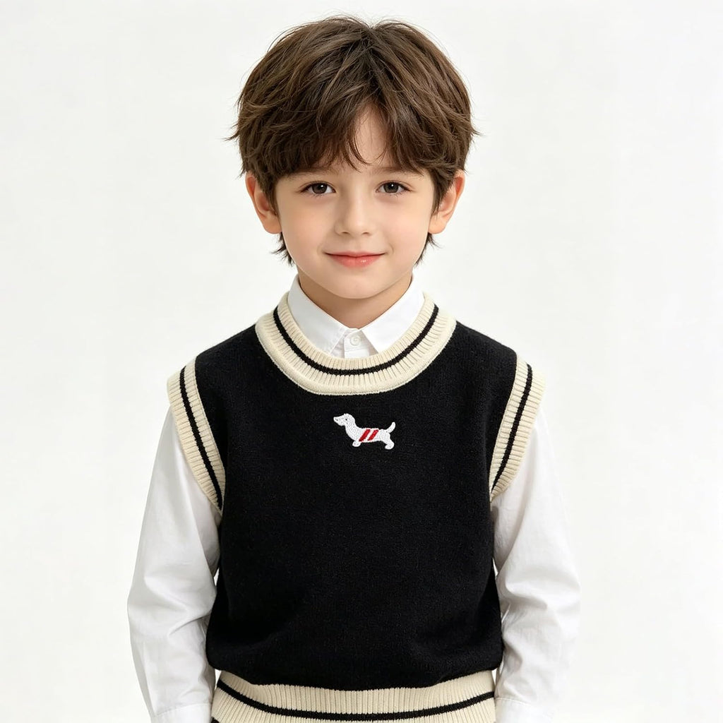 Kids Sweaters Casual Sleeveless Neck Striped Trim Knit Sweater Baggy Comfy Fashion Cute Embroidery Preppy Style