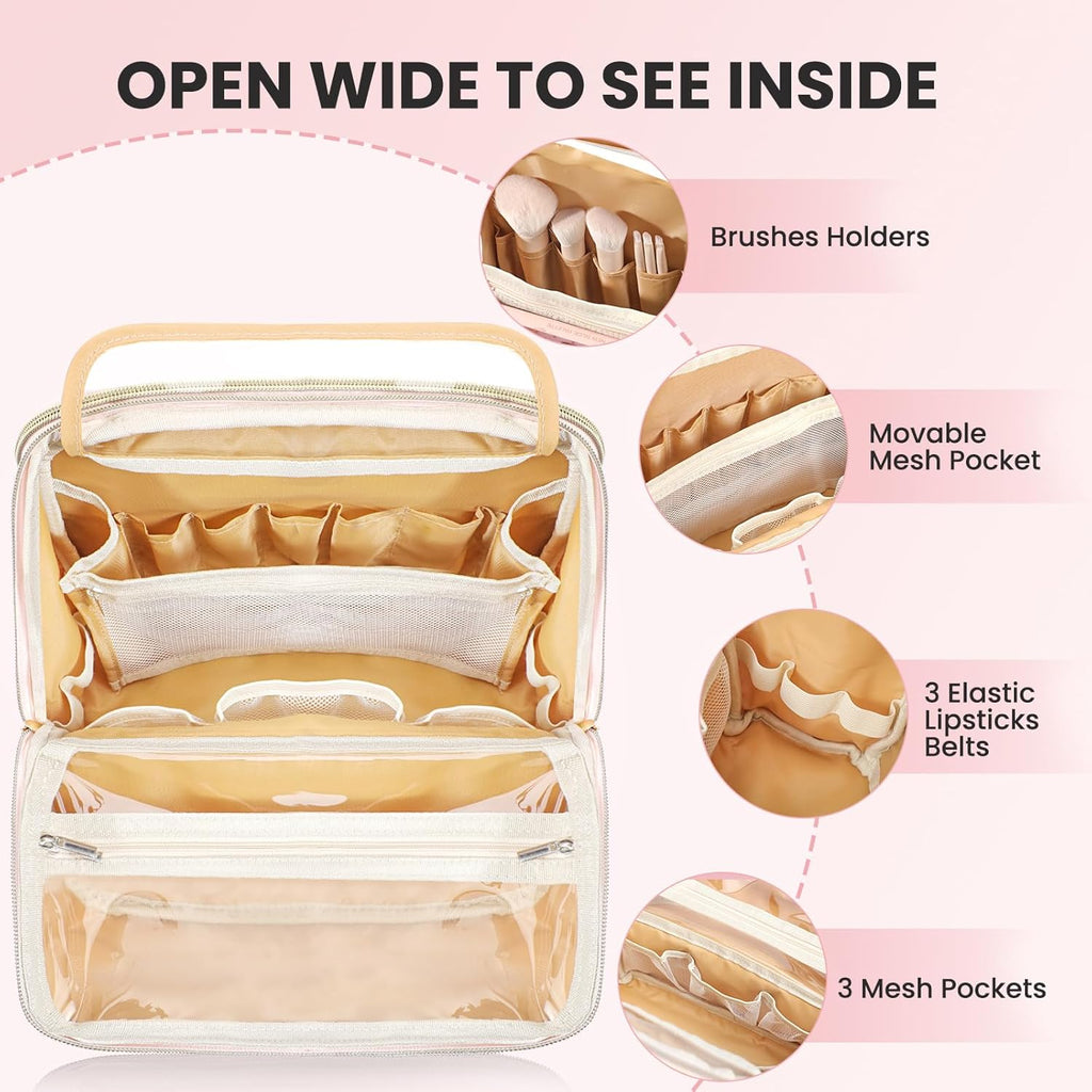 Makeup Bag, Large Capacity with Room for Brushes and Mirror, Travel Makeup Organizer, Portable Standing Make Up Case