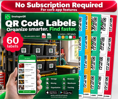 QR Code Labels for Storage Bins and Moving Boxes, 60 Unique Color-Coded Stickers with iOS & Android App, Organize