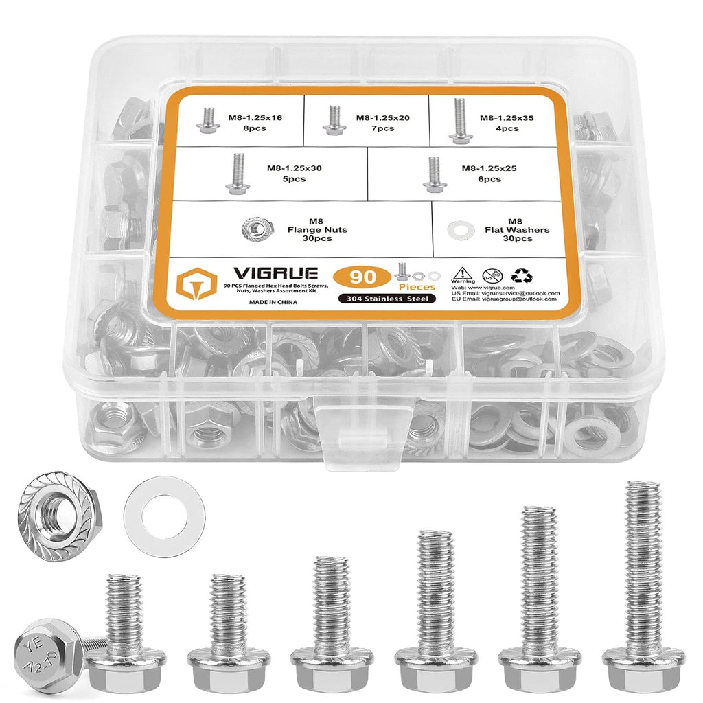 VIGURE 90PCS M8-1.25 Flange Hex Bolts Screws Serrated Flange Nuts Washers