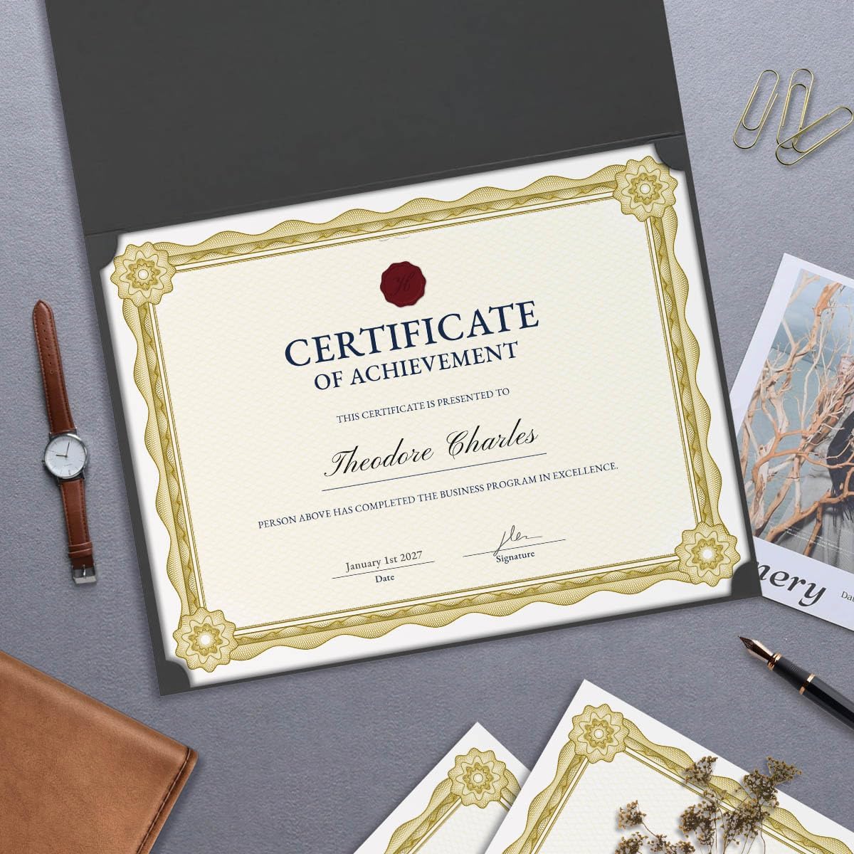 Certificate Paper with Gold Border, 50 Sheets, 8.5 x 11 Inch, 140 GSM | Thick Letter Size Certificate Paper for