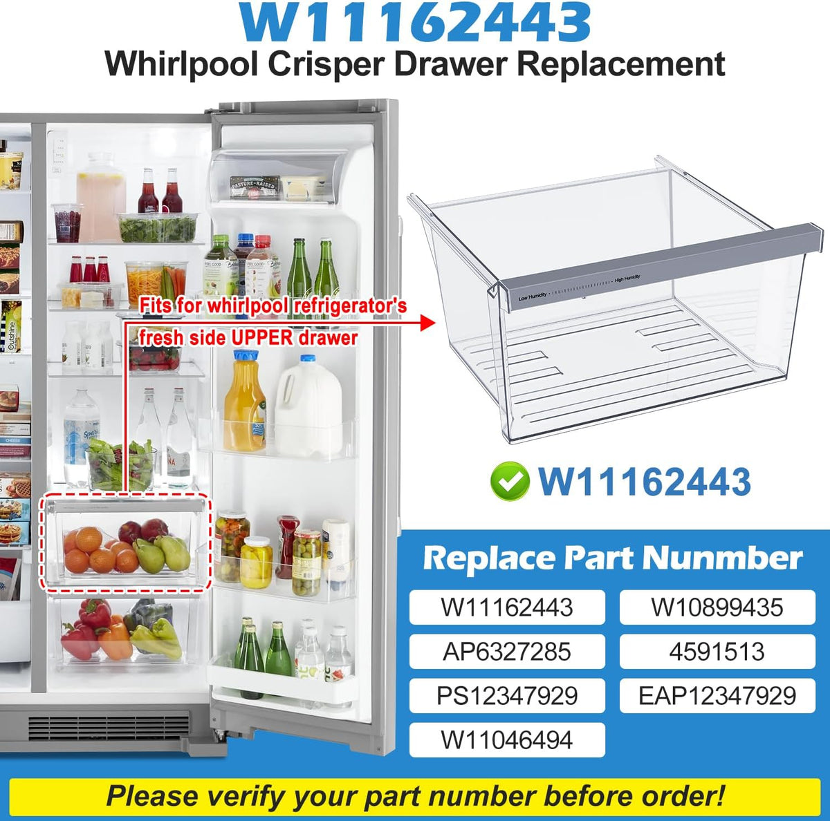 UPGRADED W11162443 Refrigerator Crisper Drawer For Whirlpool Crisper Drawer