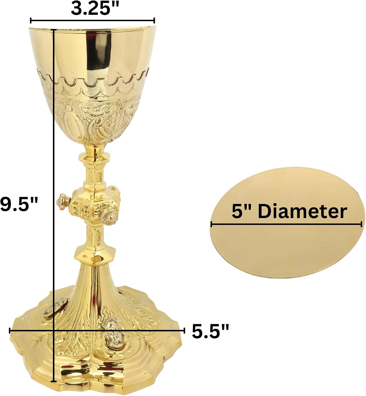 Embossed Brass Chalice and Paten Set, Catholic Church Communion Supplies, 9.5 x 5.5 Inch Goblet with 5” Diameter Plate