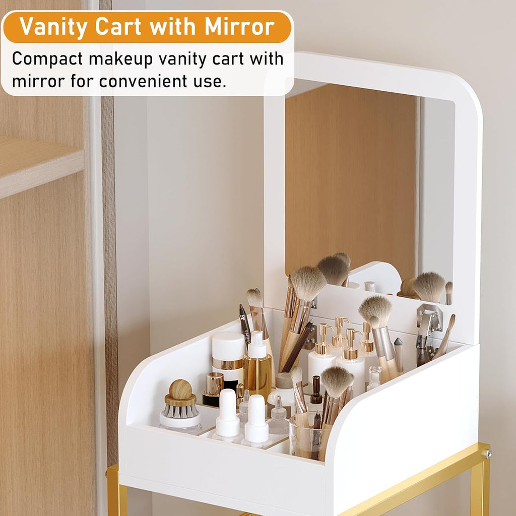 Makeup Cart Organizer with Mirror, Floor Makeup Organizer Large | Make Up Organizers Vanity Cart Cosmetic Display
