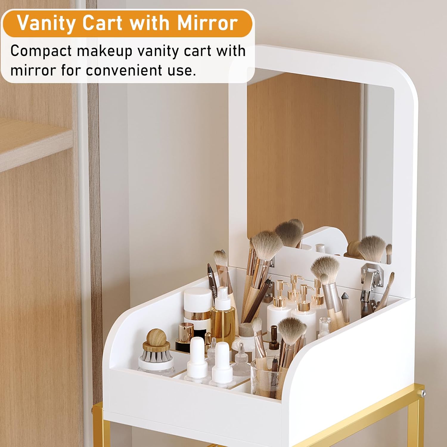 Makeup Cart Organizer with Mirror, Floor Makeup Organizer Large | Make Up Organizers Vanity Cart Cosmetic Display