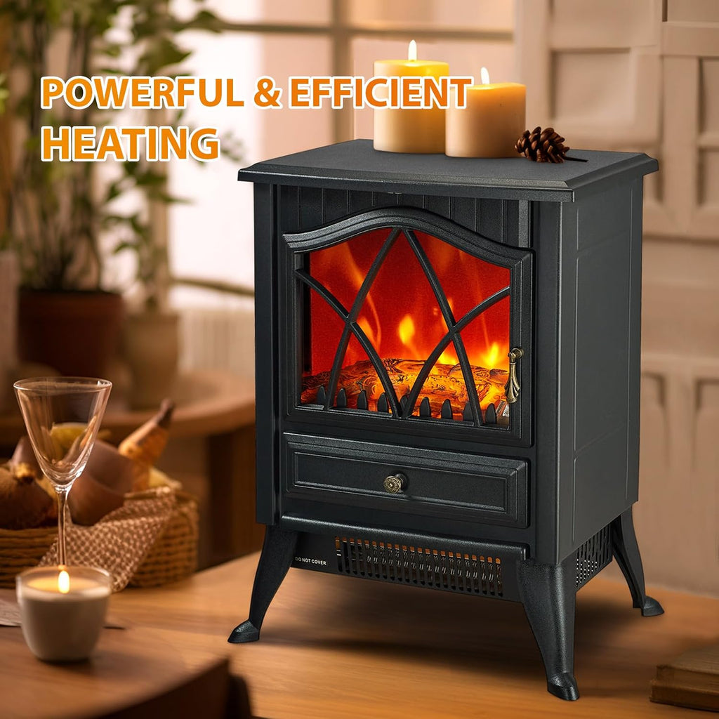 Freestanding Electric Fireplace Stove Heater, 1500W with Realistic 3D LED Flame Effect, Adjustable Brightness &