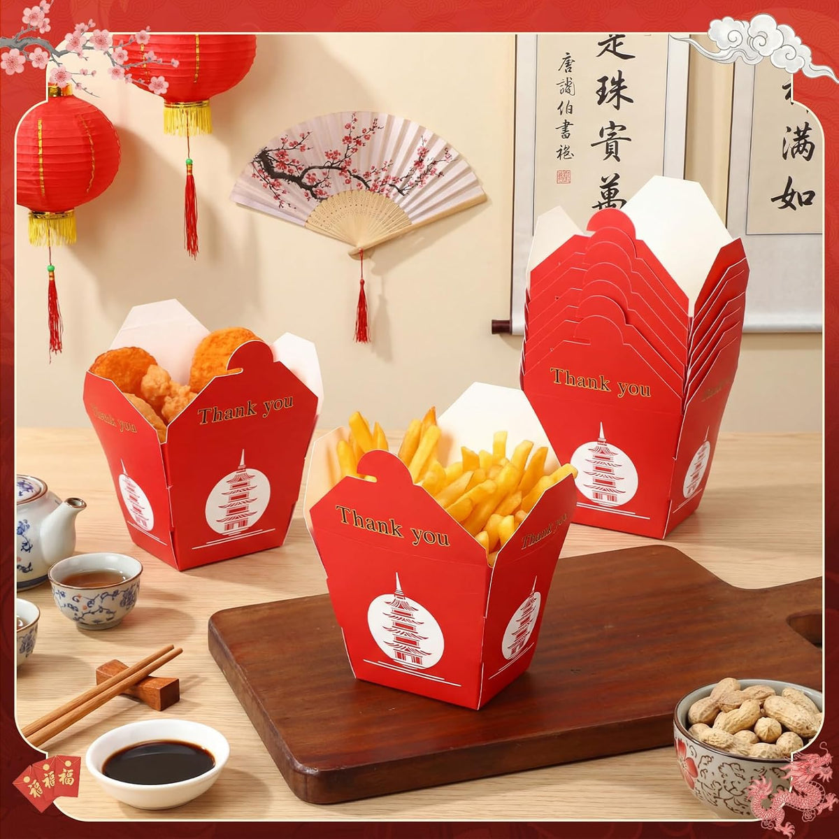60 Pcs Takeout Boxes 8oz Paper Containers Asian Pagoda, Pagoda, Red