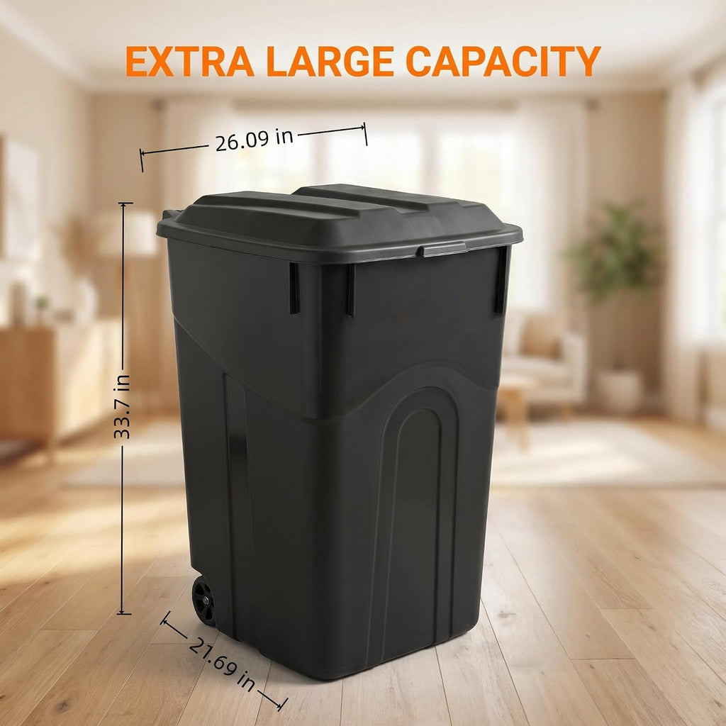 45 Gallon Outdoor Trash Can with Lid, Heavy-Duty Wheeled Garbage Bin with Easy-Grip Handle & Bottom Groove, Black