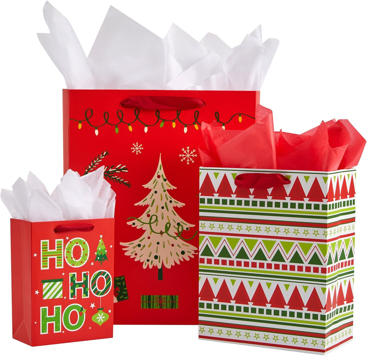 9 Pack Assorted Sizes Red Christmas Gift Bags with Tissue Paper