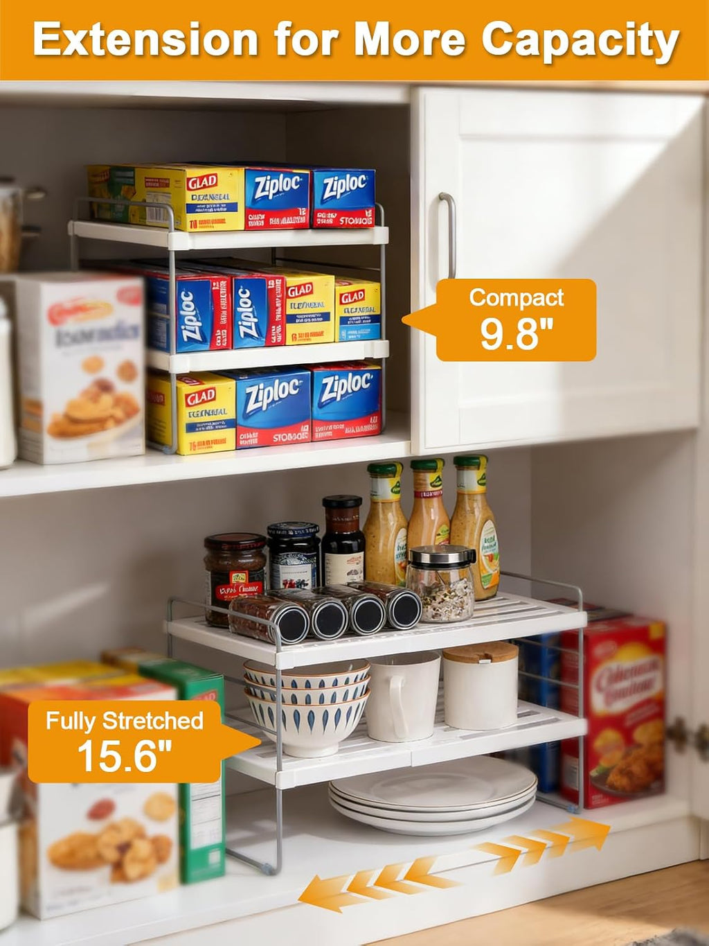 Foil and Plastic Wrap Organizer, Expandable Kitchen Pantry Storage, Height Adjustable Cabinet Rack for Kitchen