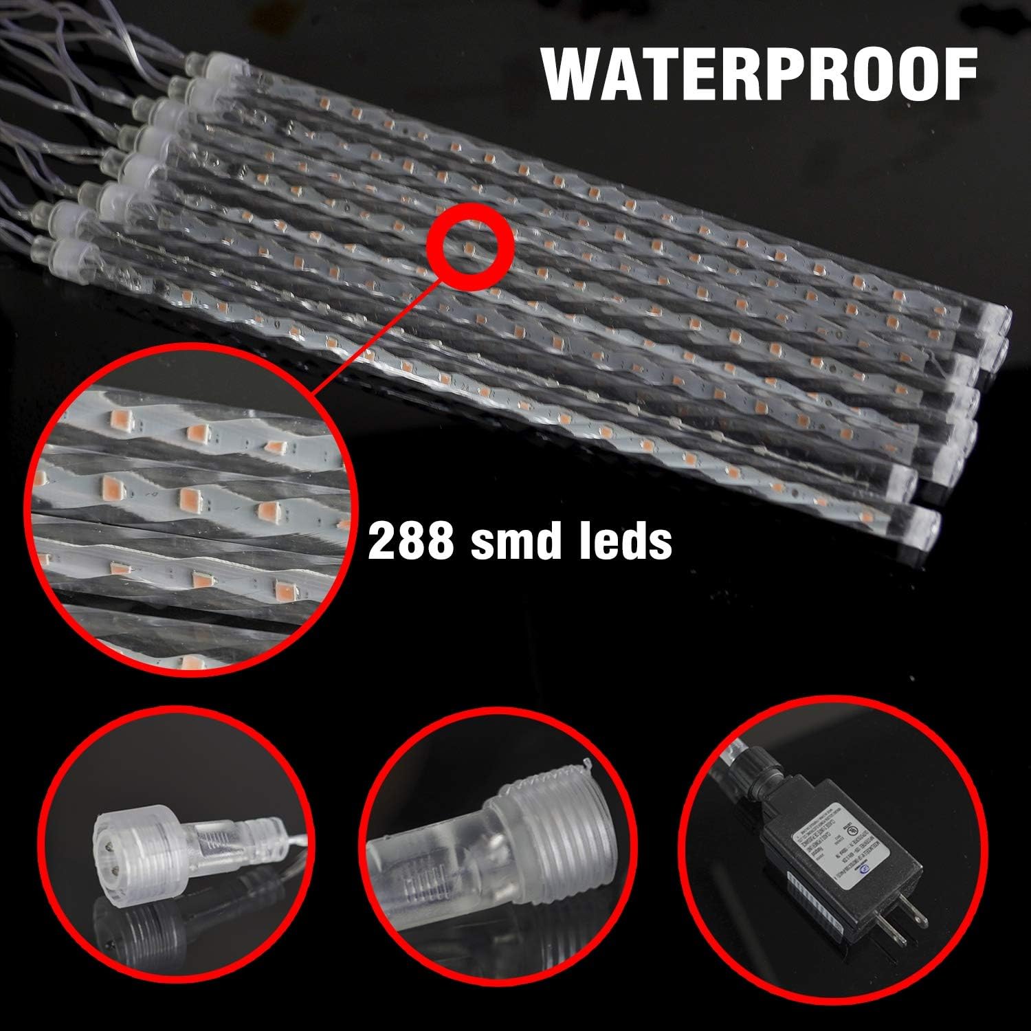 Meteor Shower Rain Lights, 288 LED Christmas Lights Icicle Snow Falling Halloween Light Outdoor Raindrop Light, 30cm