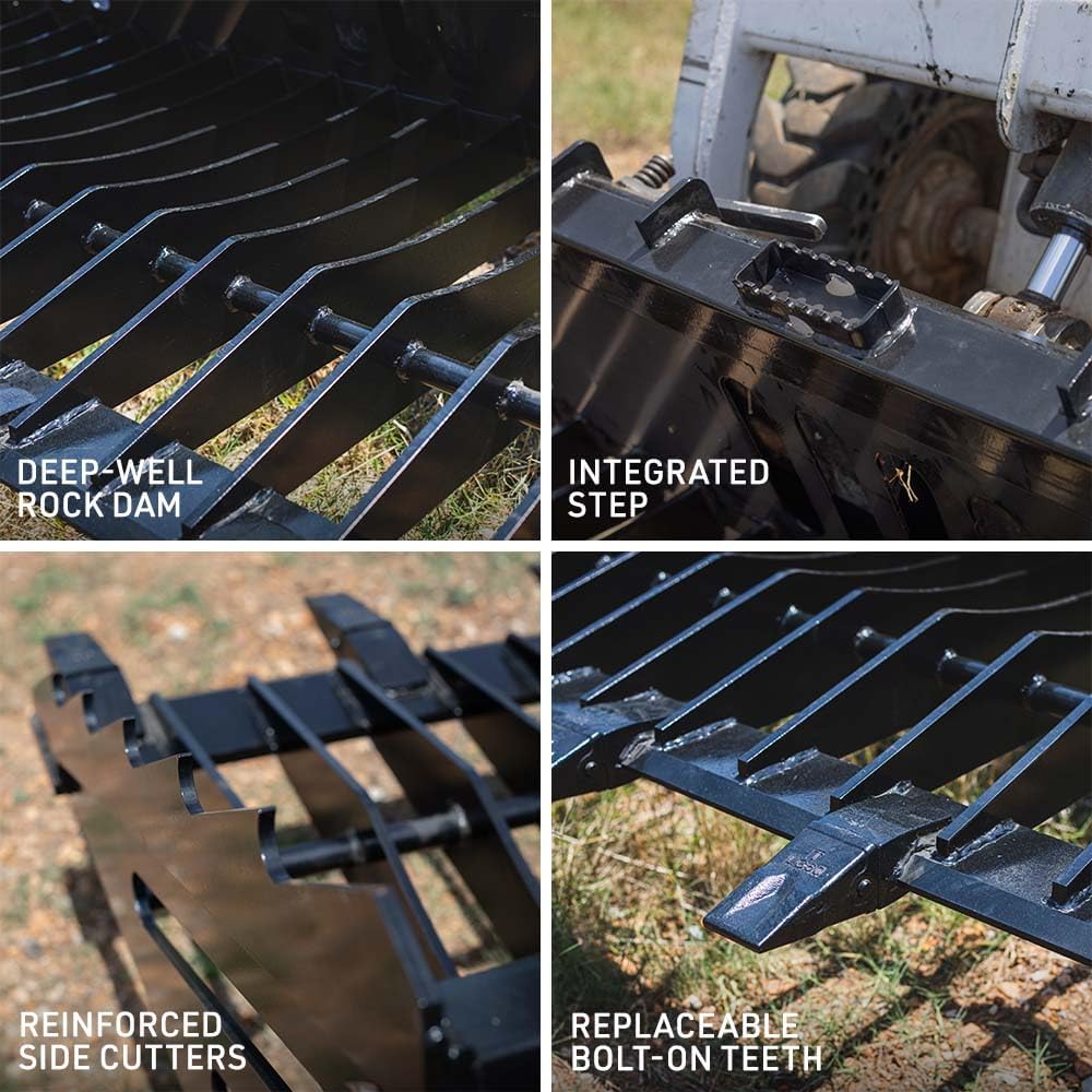 72" Skeleton Rock Bucket with Bolt-On Teeth, Skid Steer Quick Tach Mounting System, 4" Spaced Tines, Reinforced Side