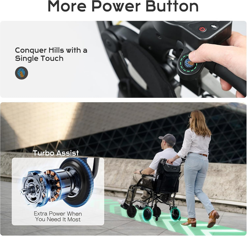 Lightweight Electric Power Assist Transport Wheelchair for Adults, Portable Folding Wheel Chair with Dual 250W