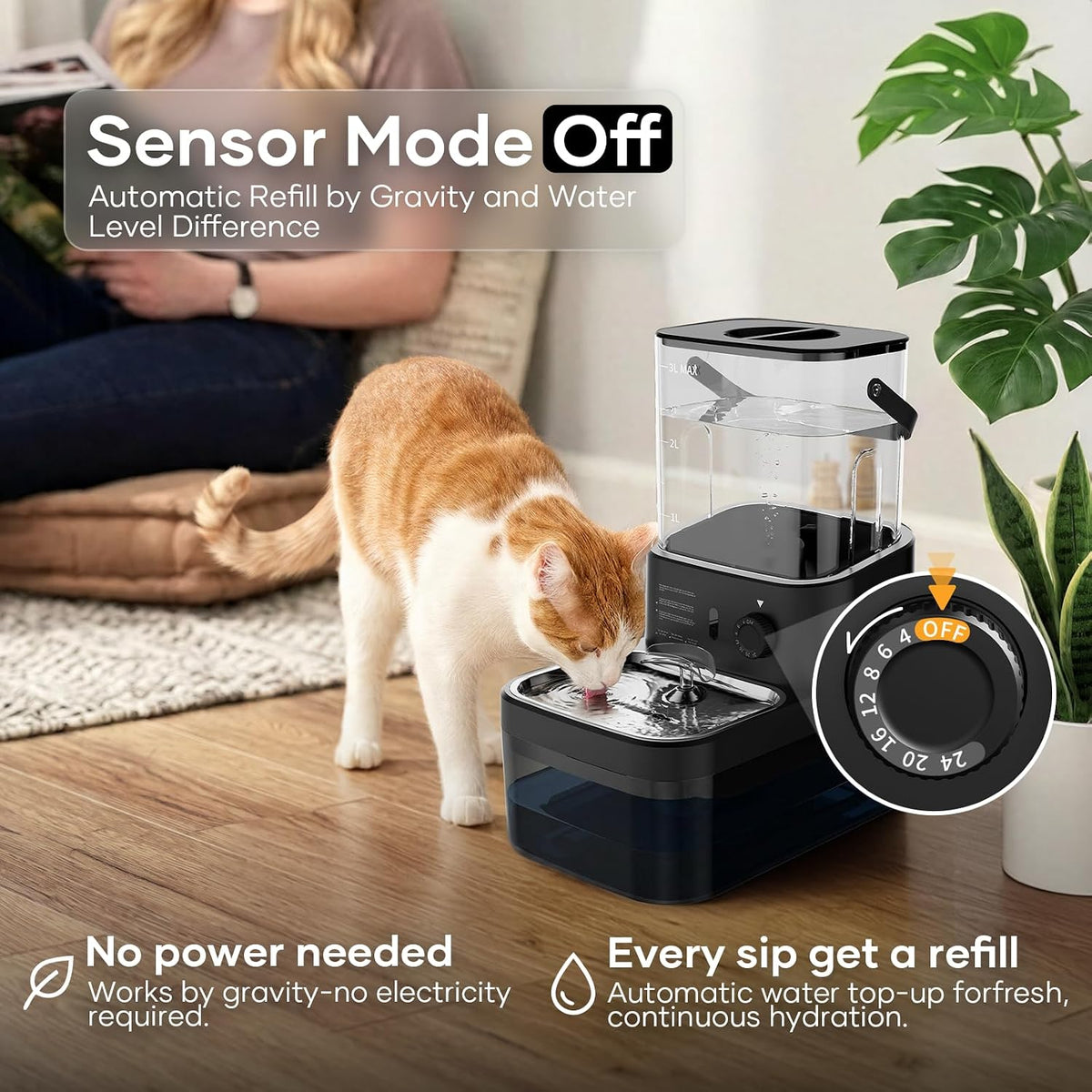 3L Filterless Cat Water Fountain, Wireless, Wastewater Separation,Black