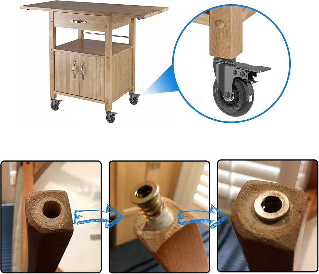 3" Caster Wheels,Heavy Dudy Swivel Casters Set of 4 (2 with Matel Brake,2 No Brake) 3/8"-16x1"Threaded Stem