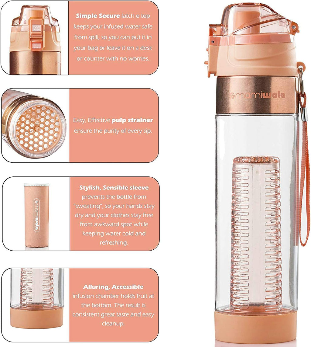 Fruit Infuser Water Bottle – 24 oz – Tritan Plastic - Unique Stylish Design – Fruit Infused Water recipes eBook &