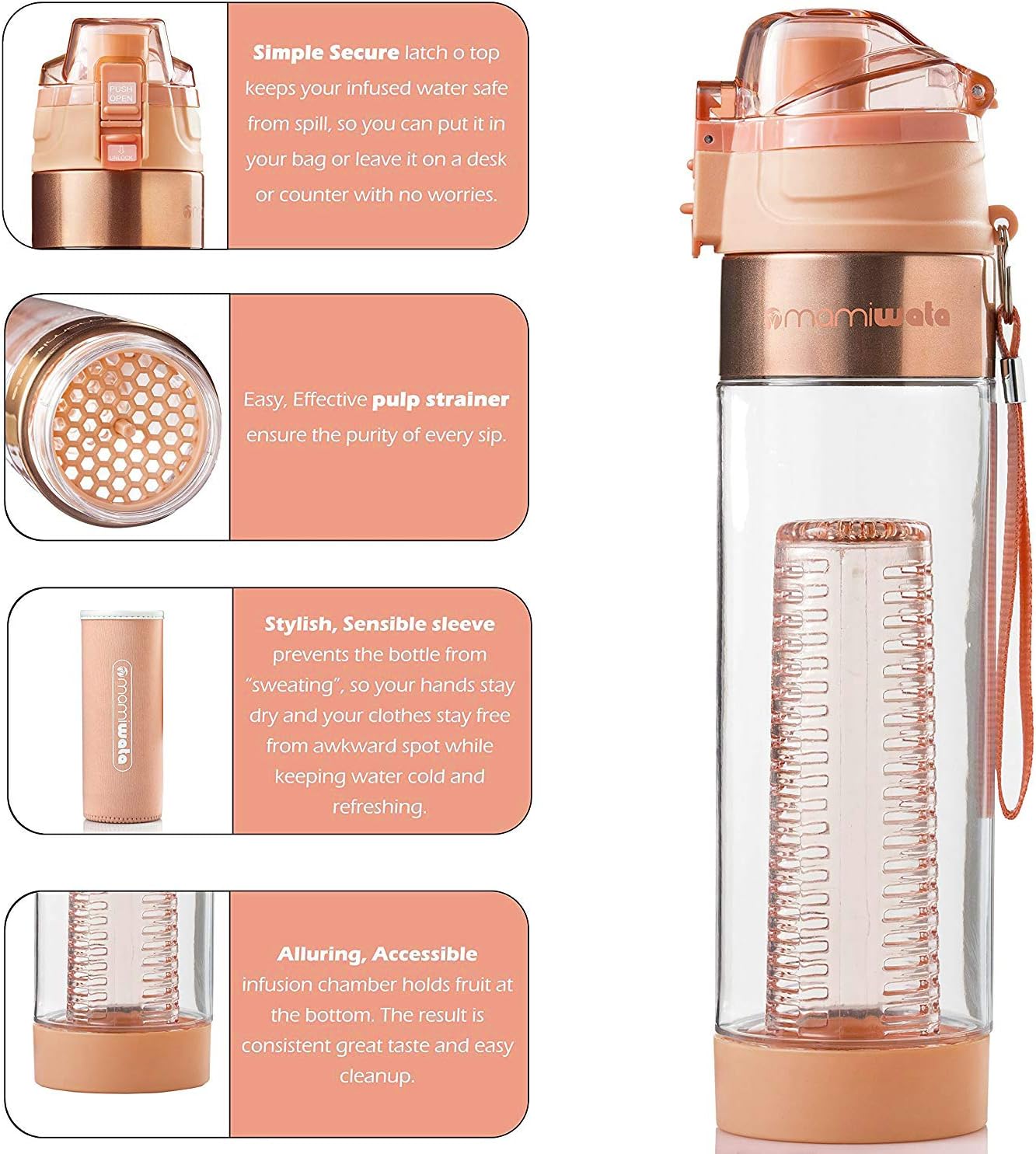 Fruit Infuser Water Bottle – 24 oz – Tritan Plastic - Unique Stylish Design – Fruit Infused Water recipes eBook &