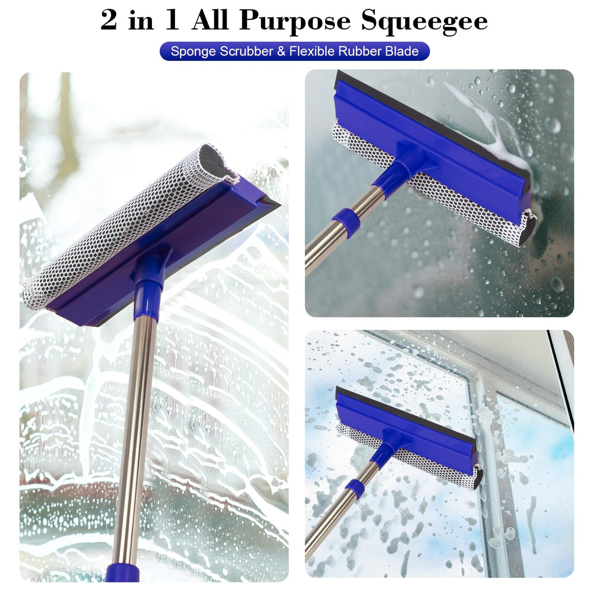 2-in-1 Window Squeegee&Car Squeegee with 15.7"-27.5" Retractable Stainless Steel Handle, Windshield Cleaner Tool for