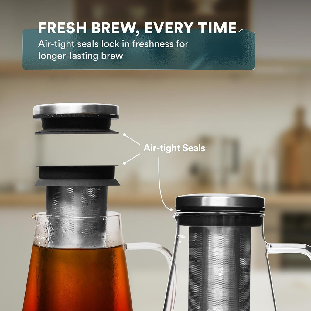 Airtight Cold Brew Iced Coffee Maker Pitcher (& Iced Tea Maker) with Spout – 1.5L/ 51oz Brewing Glass Carafe with
