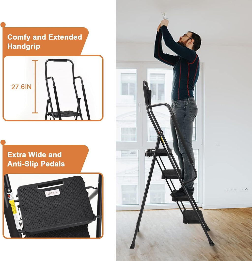 4 Step Ladder with Handrails, 330 lbs Folding Step Stool with Attachable Tool Bag & Anti-Slip Wide Pedal for Home