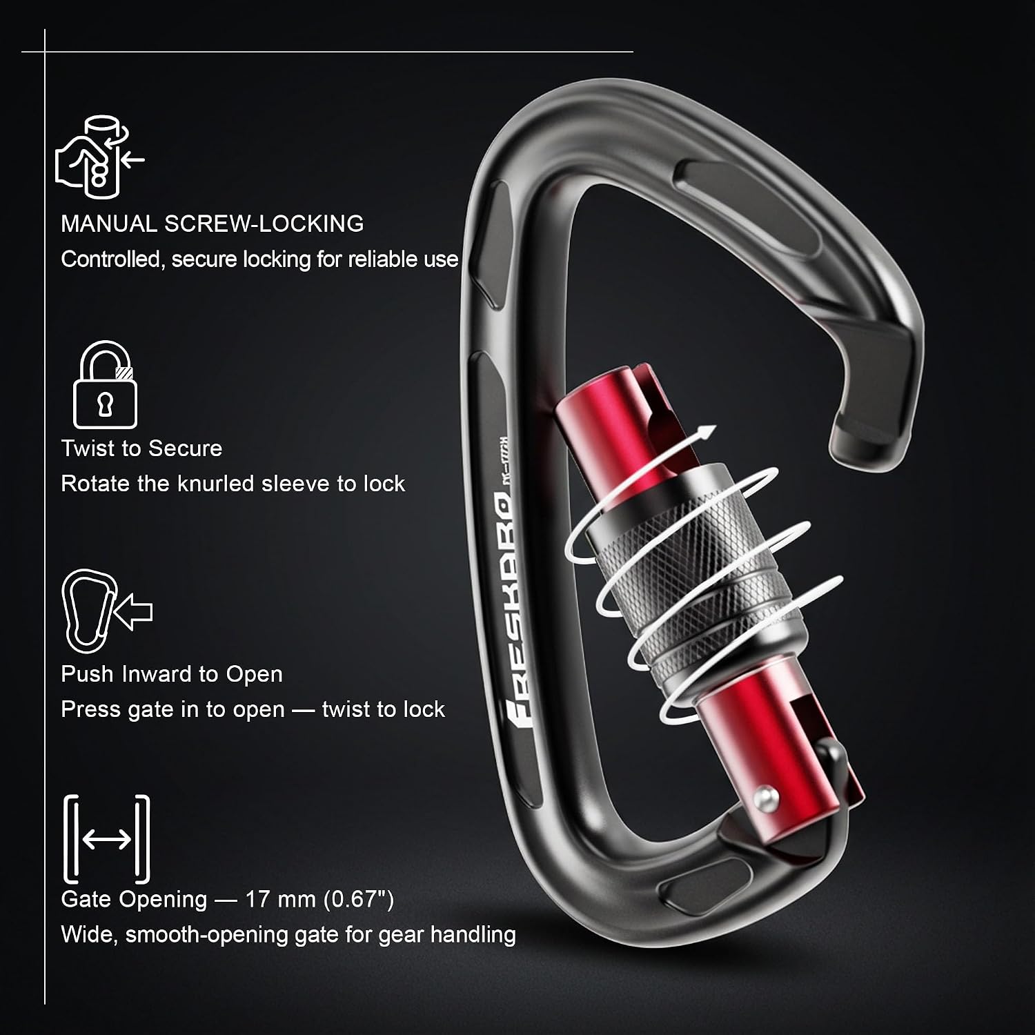 4inches 25kN-5621lbs Climbing Carabiners, UIAA CE Certified, Screw Lock, 7075 Aluminium, Lightweight, Rust Proof, for