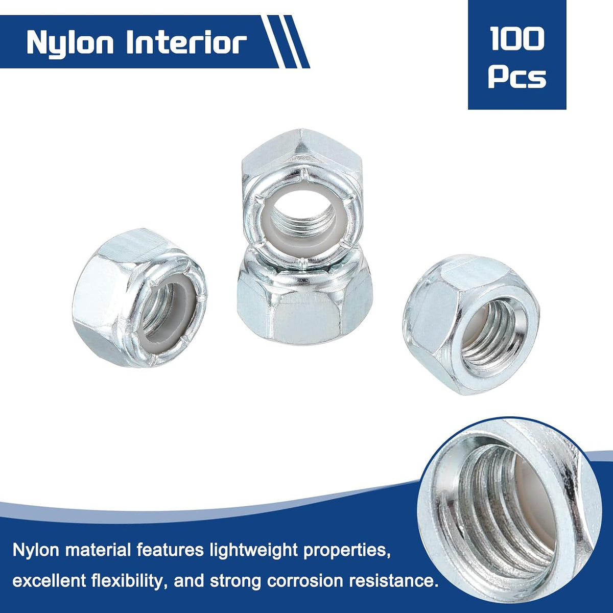 100Pcs #10-24 Nylon Locking Hex Nuts CarbonSteel BlueWhite