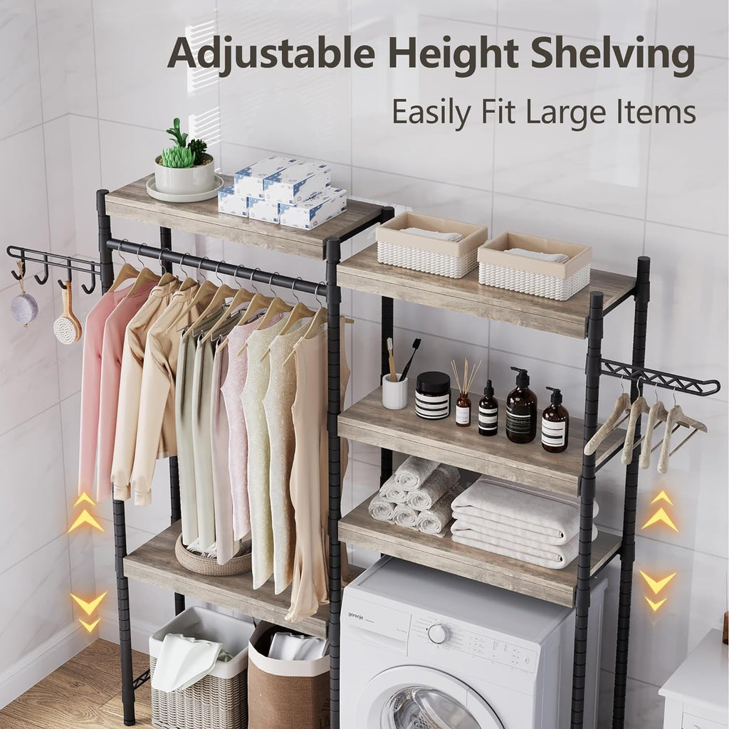 5-Tier Over-The-Washer Storage Shelf - Adjustable Height Laundry Organizer with Double-Layer Wood Shelves