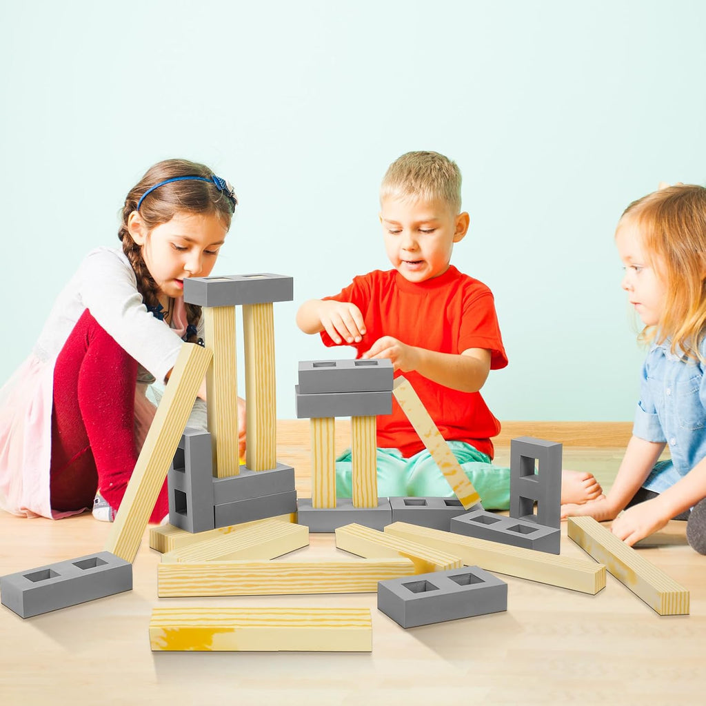 24 Pcs Foam Wooden Beam Soft Foam Brick Building Blocks Unit Fake Brick Building Blocks Giant Stacking Sets for Kids
