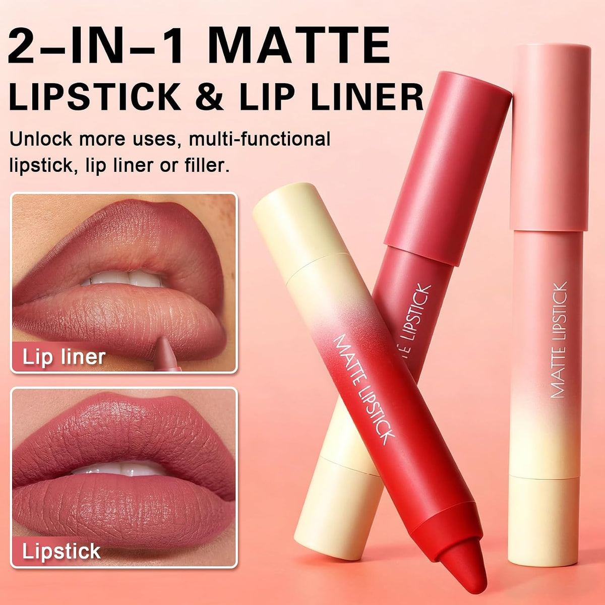 2-in-1 Matte Lip Crayon Nude Lipstick & Liner with Lip Brush, #01