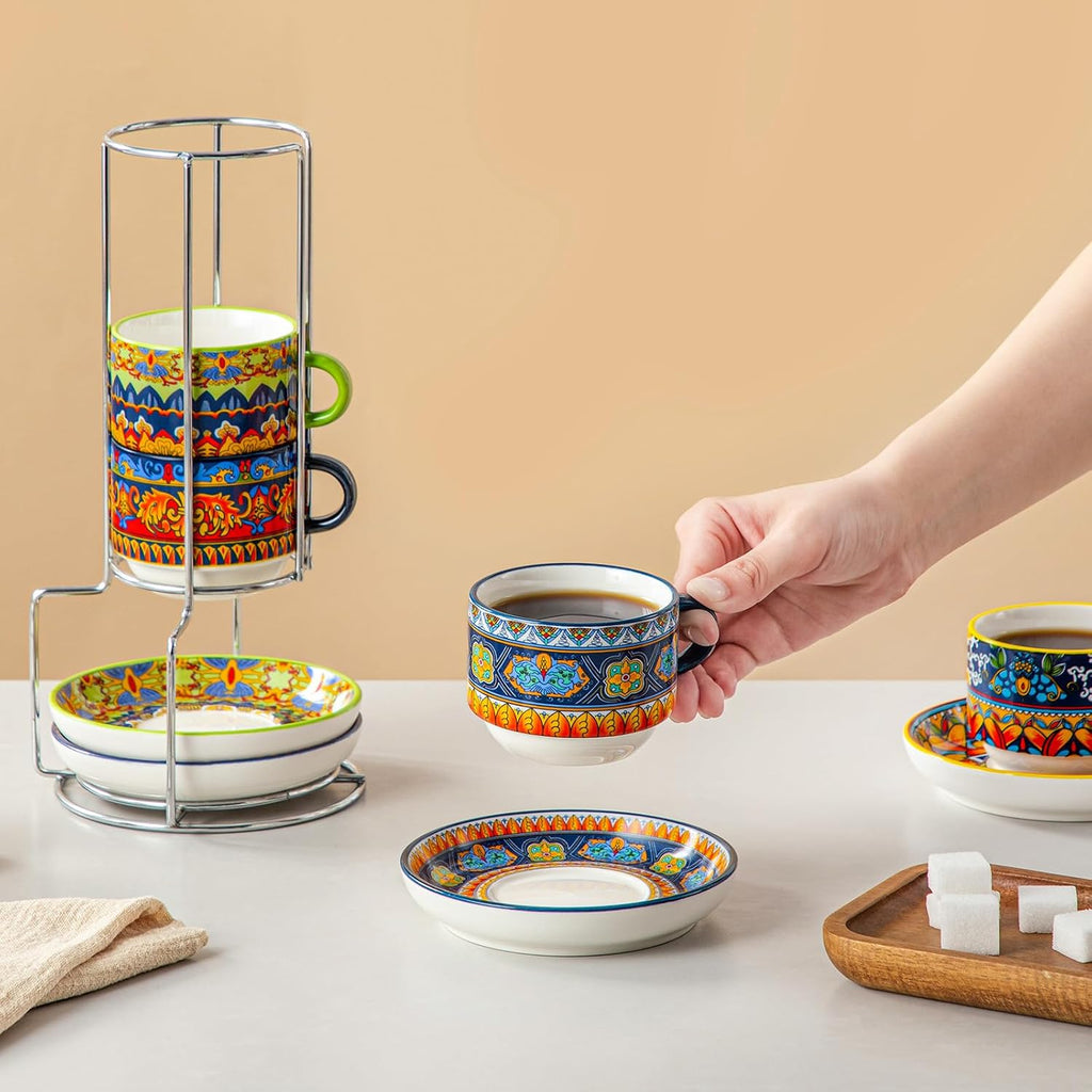 4 Oz Bohemian Espresso Cups Set of 4 with Stand