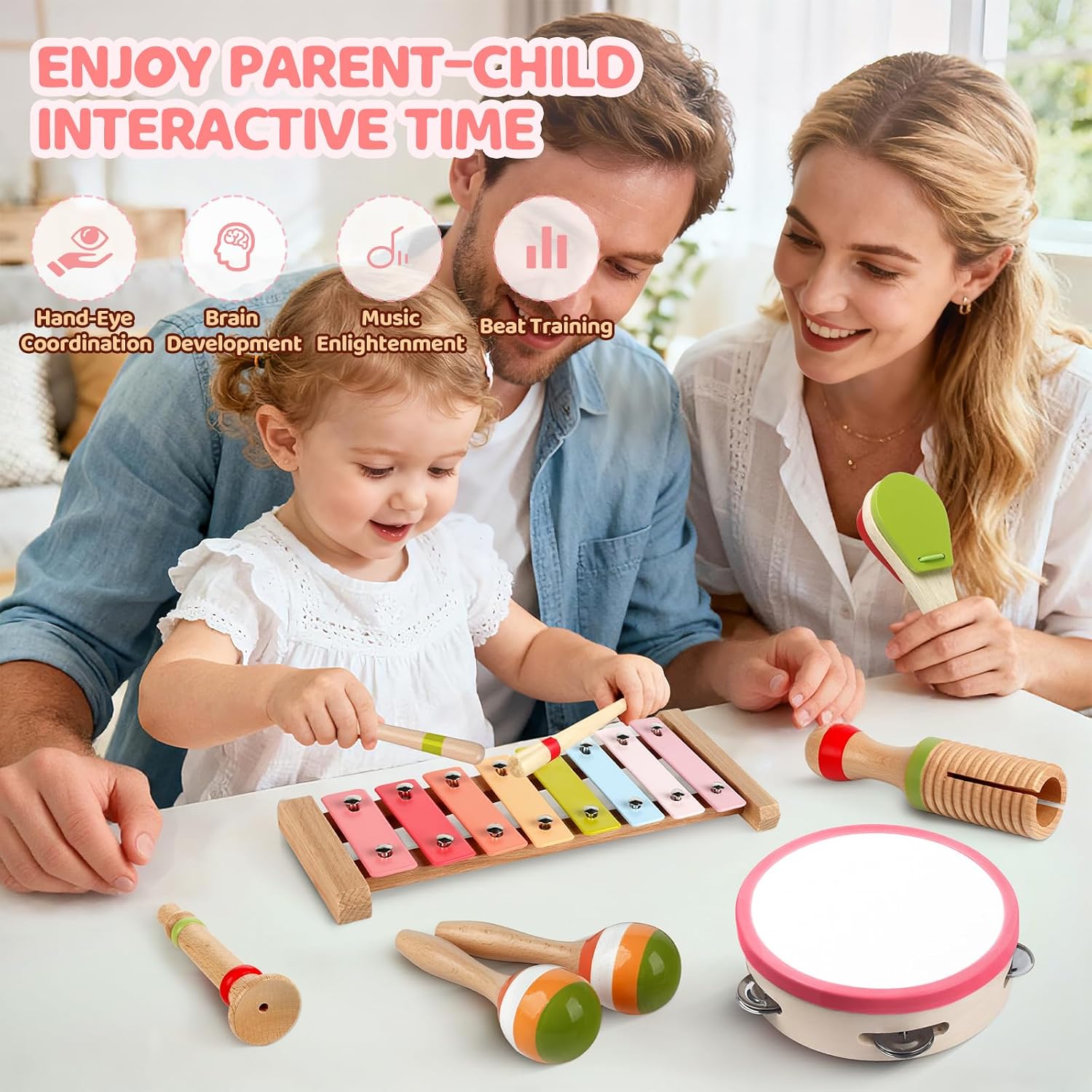 Baby Musical Instruments - Montessori Wooden Toys for Toddlers Sensory Play | Xylophone Maracas Tambourine Percussion
