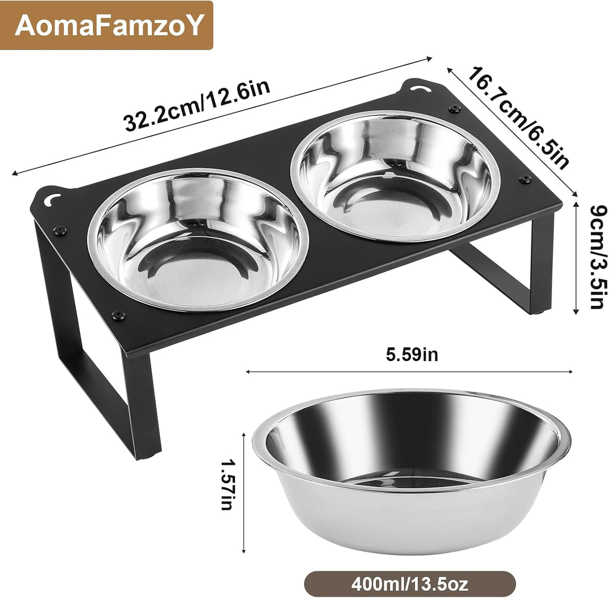2 Set Elevated Cat Food Water Bowls, 4 Stainless Steel Bowls for Indoor Pet with Cute Metal Stand, 10° Tilted