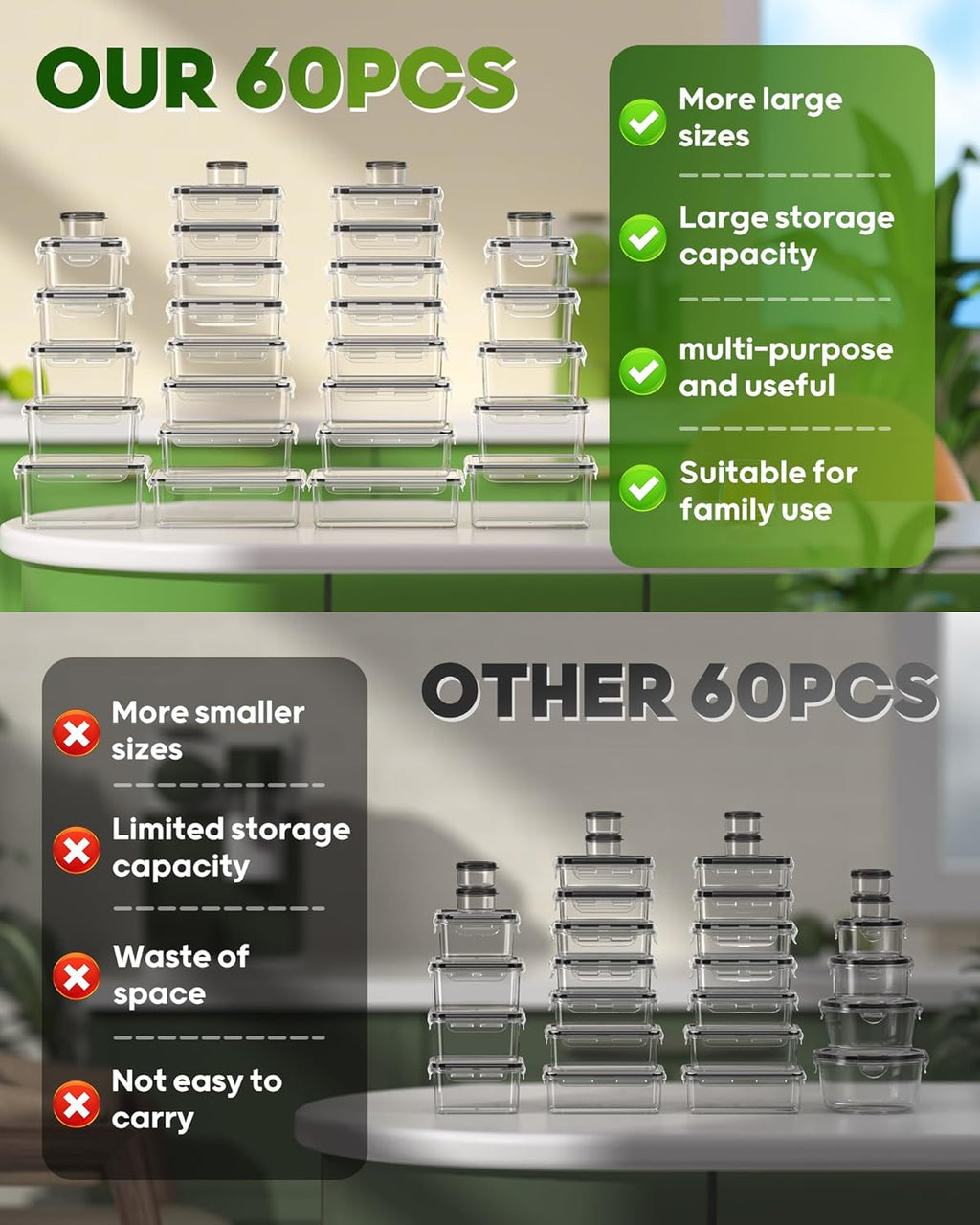 60 PCS Food Storage Containers with Lids, BPA-Free Plastic Food Containers for Kitchen Storage, Leak Proof, Reusable