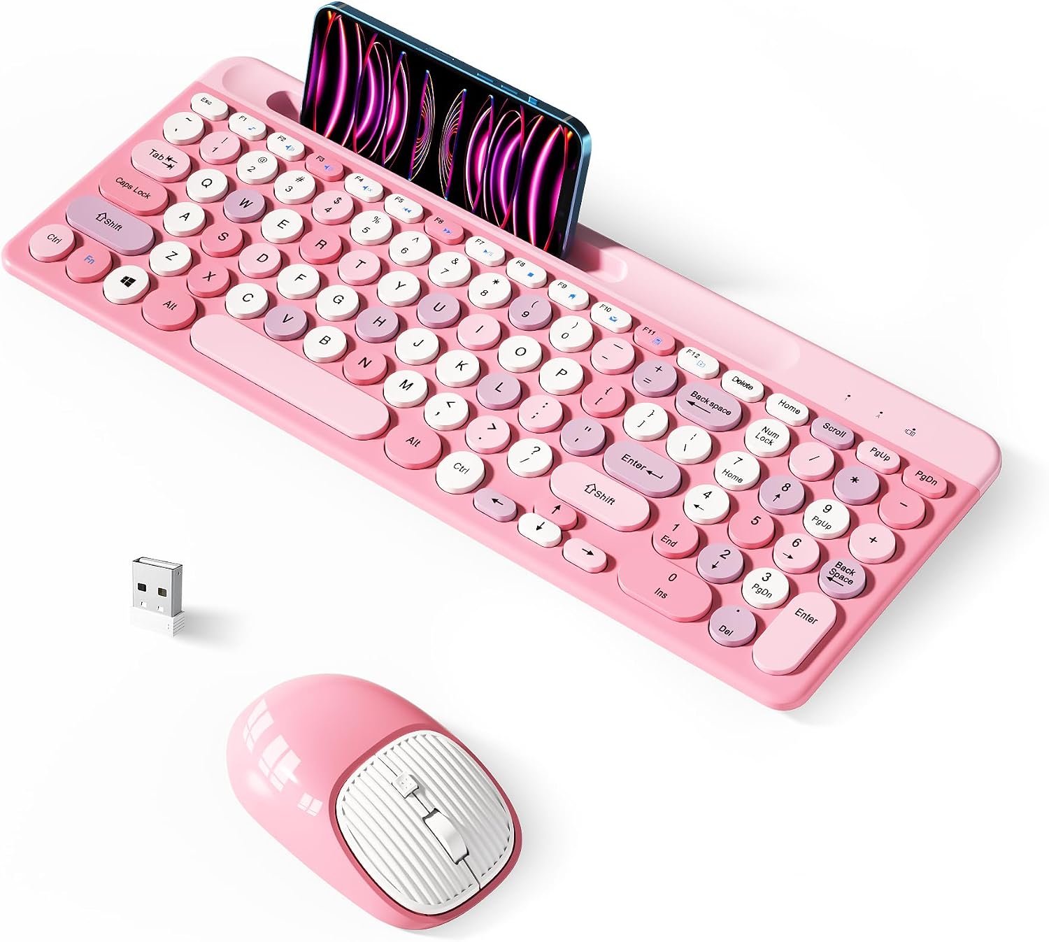 Retro Wireless Keyboard with Round Keycaps, 2.4GHz Full-Size USB Cute Wireless Keyboard Mouse for Computer, Desktop