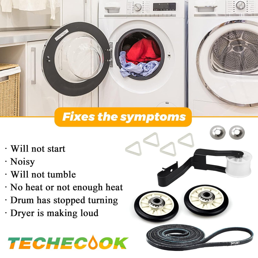 4392065 Dryer Repair Kit with 349241T Drum Roller Kit, 691366 Idler Pulley and 341241 Belt by Techecook - Replacement
