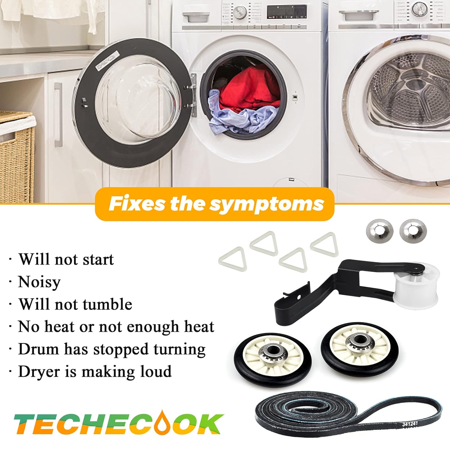 4392065 Dryer Repair Kit with 349241T Drum Roller Kit, 691366 Idler Pulley and 341241 Belt by Techecook - Replacement