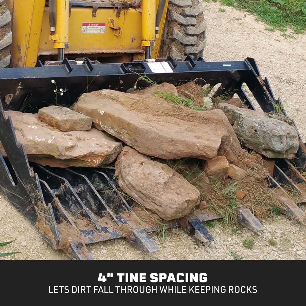 72" Skeleton Rock Bucket with Bolt-On Teeth, Skid Steer Quick Tach Mounting System, 4" Spaced Tines, Reinforced Side