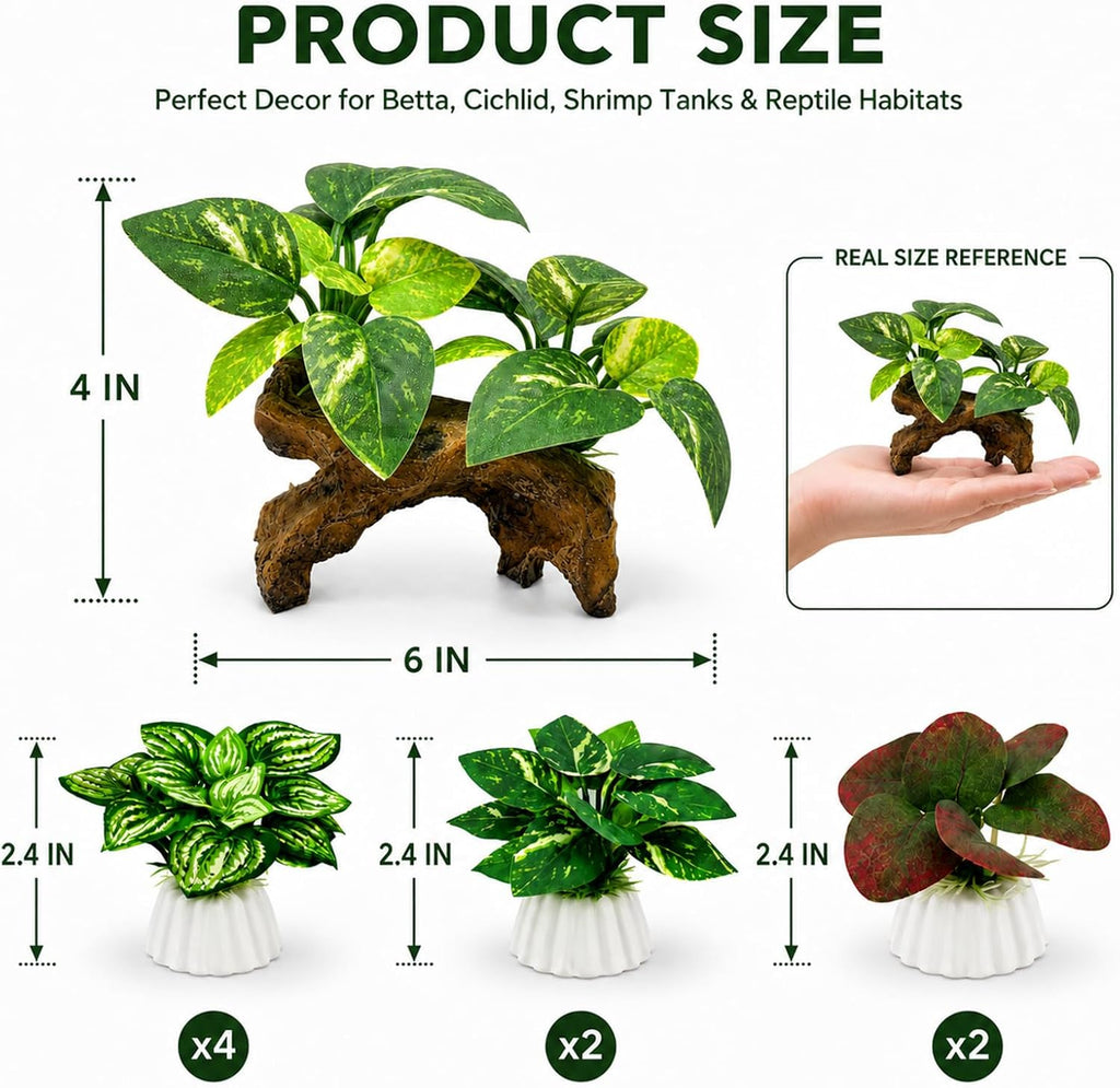9-Pack Silk Aquarium Plants & Driftwood Cave Fish Tank Decor Accessories | Soft Silk Plants Aquarium Decorations