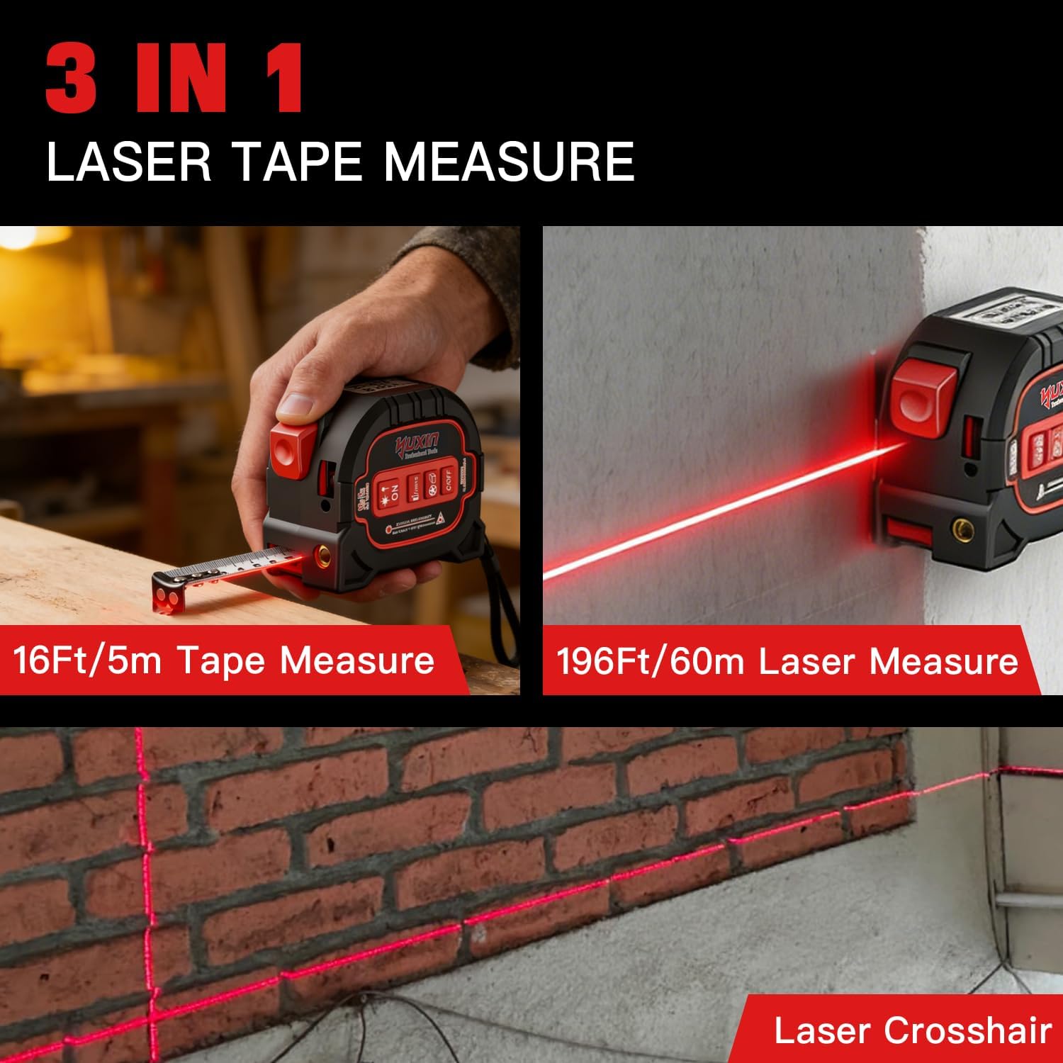 3-in-1 Laser Tape Measure - 196ft Max Laser Distance Meter & 16ft AutoLock Measuring Tape, ±1/16" Professional