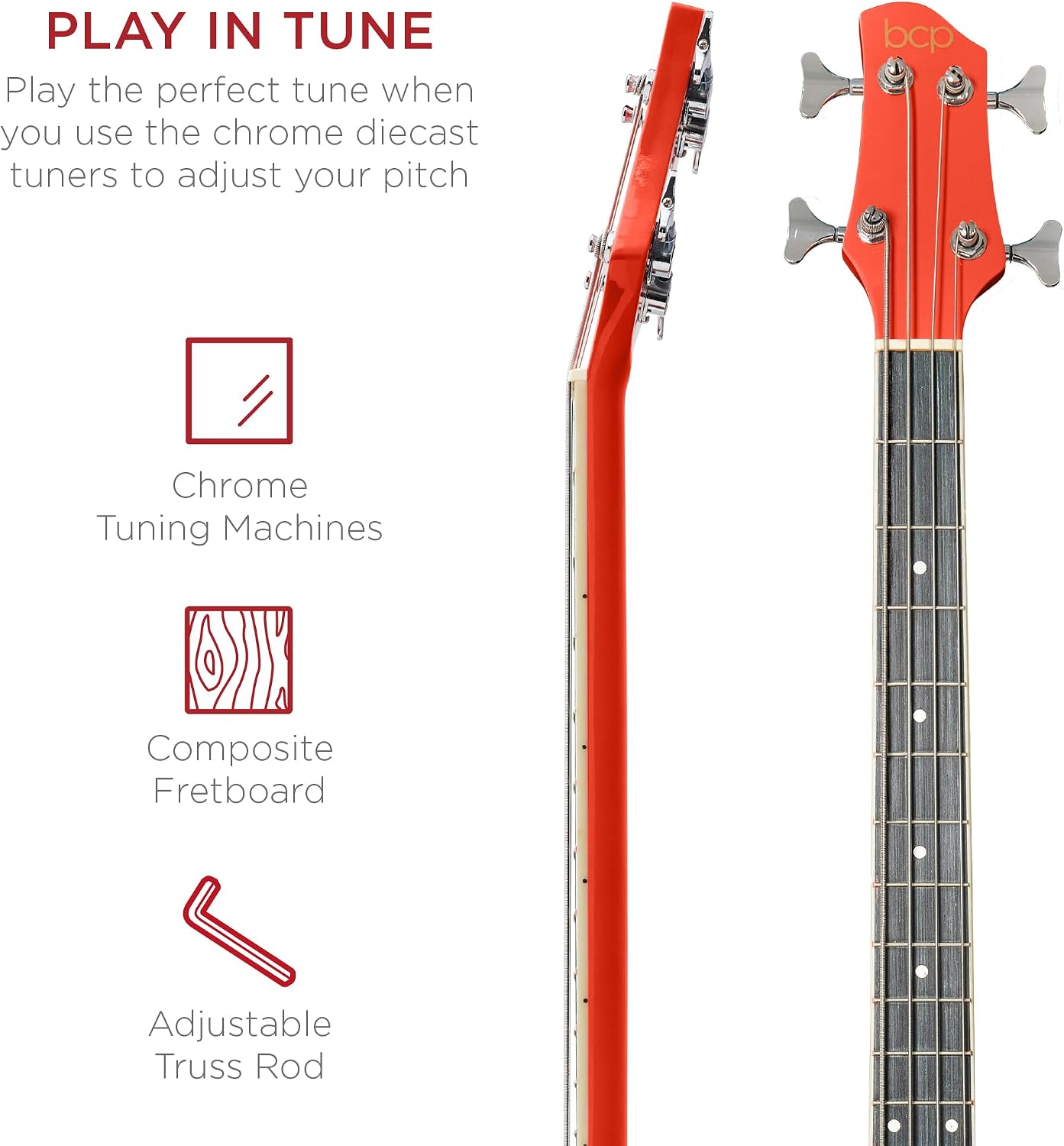 Acoustic Electric Bass Guitar, Full Size 4 String, Fretted Bass Guitar w/Padded Gig Bag - Red