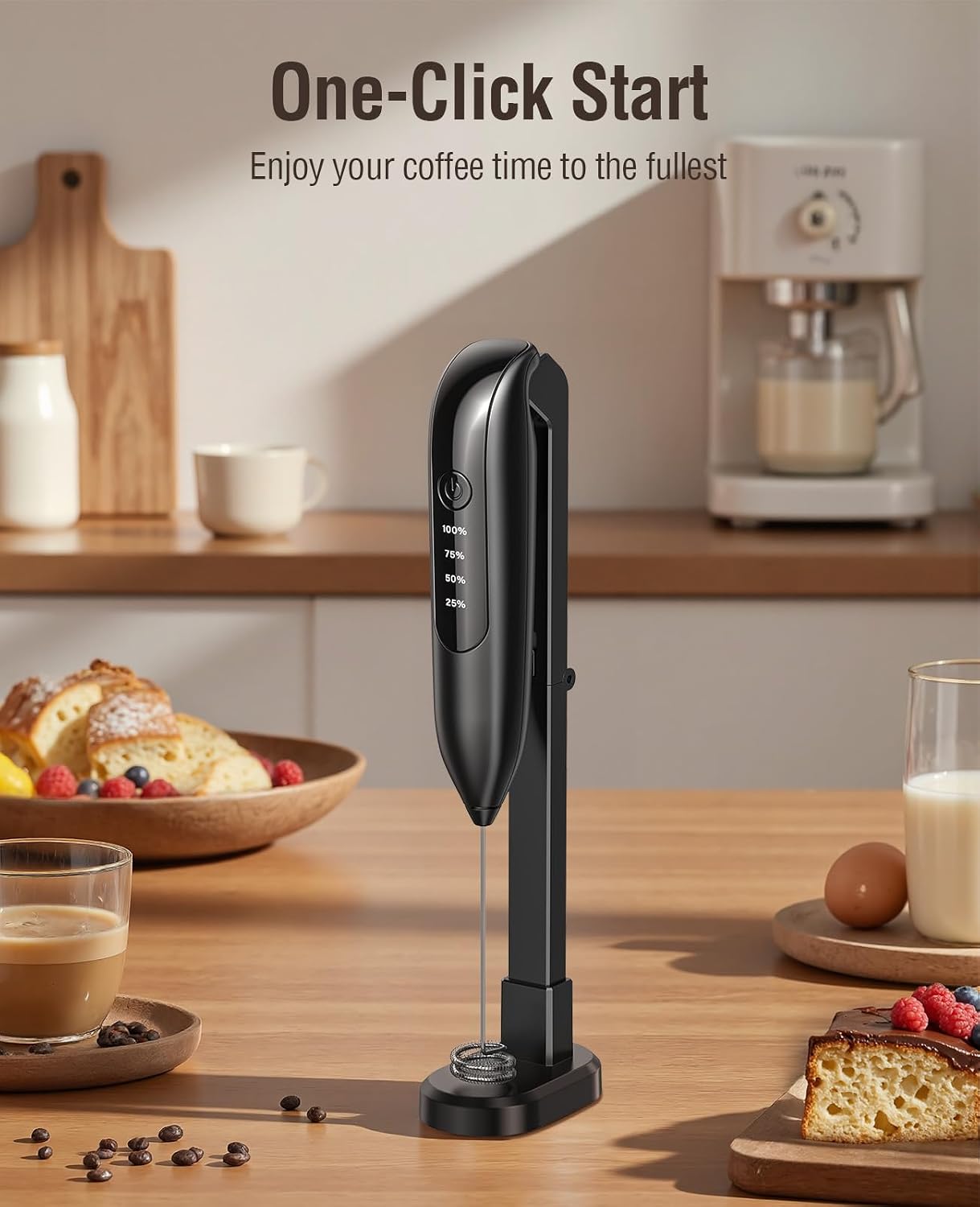 Electric Milk Frother: LED&Wireless Charging, 3 Heads 3 Speeds | Coffee Handheld Frother With 1800mAh 6-Hour Battery