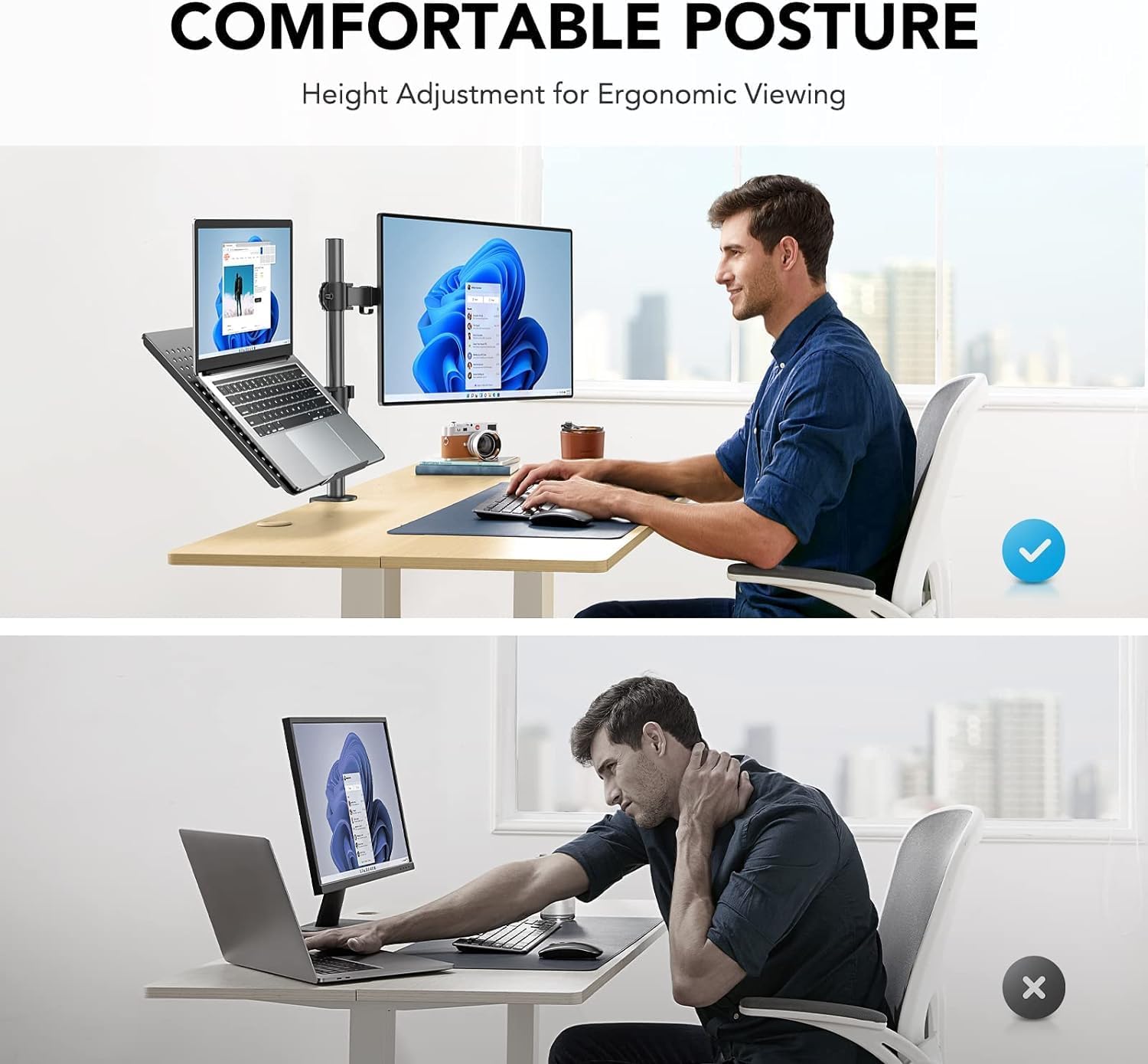 Adjustable Monitor Arm with Laptop Tray, Single Desk Mount for 13-32" VESA Monitors up to 22 lbs, 14" x 12" Laptop Tray