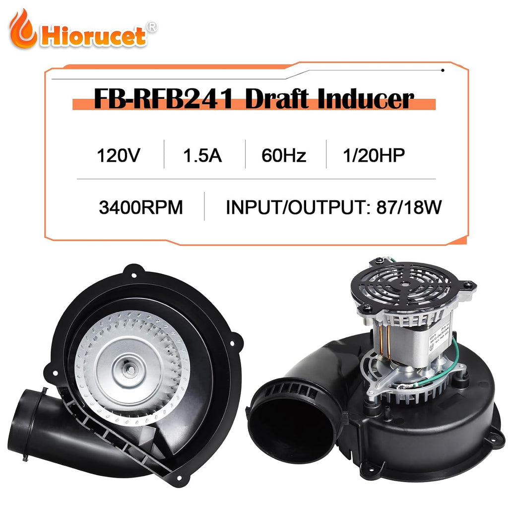 Hiorucet Furnace Draft Inducer Blower FB-RFB241 for Rheem Ruud, Jakel J238-150-1533, Packard 66847, 70-24157-03, 70-24175-01, Fasco 7021-11559, Ametek 117104-01, Rotom FB-RFB241 Draft Inducer Motor.