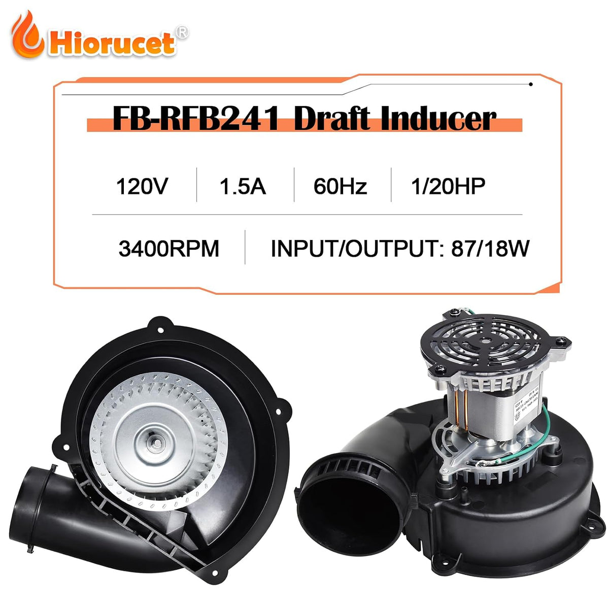 Hiorucet Furnace Draft Inducer Blower FB-RFB241 for Rheem Ruud, Jakel J238-150-1533, Packard 66847, 70-24157-03, 70-24175-01, Fasco 7021-11559, Ametek 117104-01, Rotom FB-RFB241 Draft Inducer Motor.